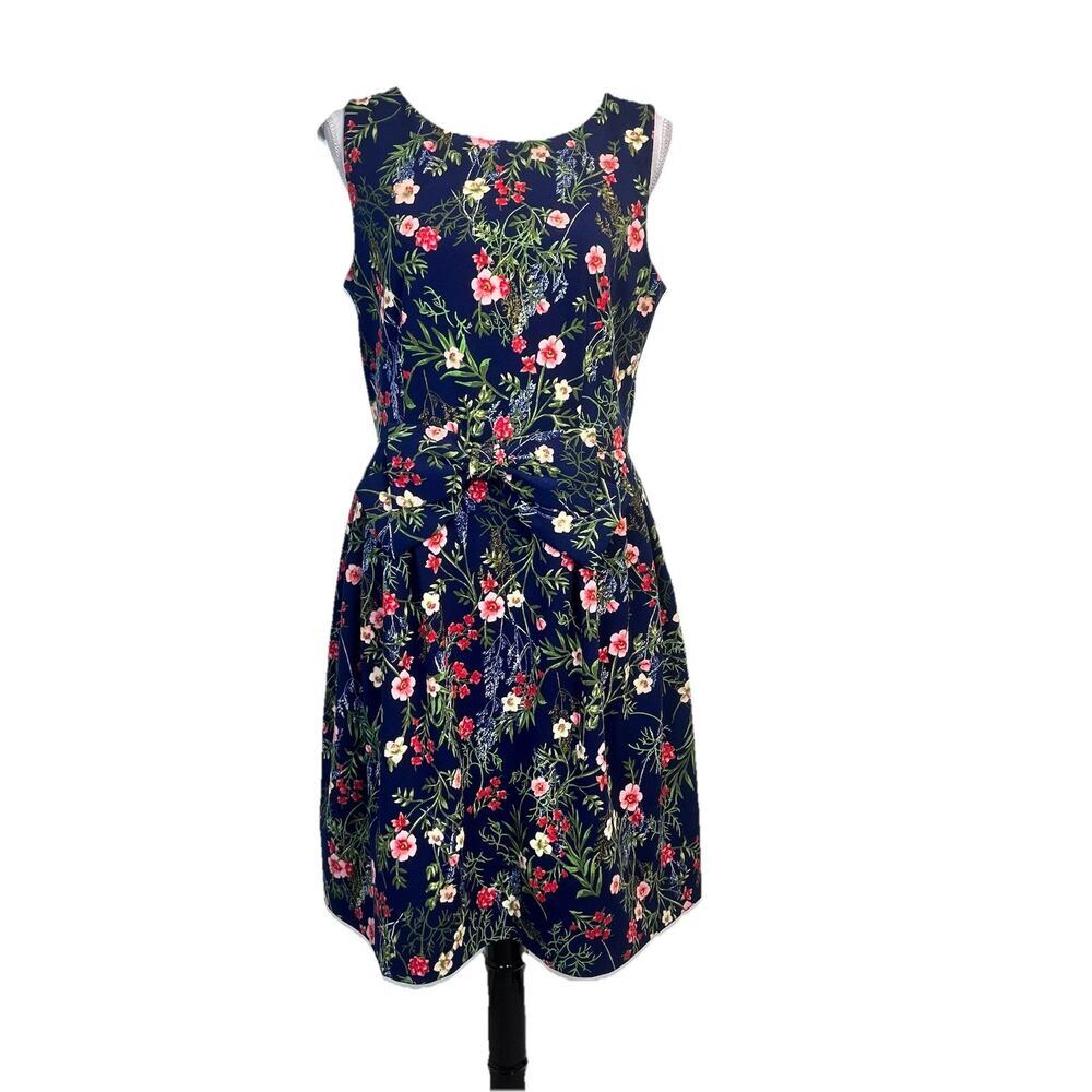 Tahari Dress size 8 Navy Blue Coral Pink Floral Bow Knee Garden Party Wedding